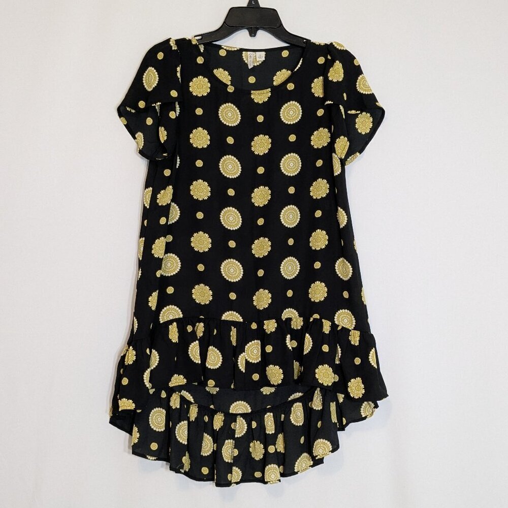 CATO EST 1946 Black/Gold Sheer Chiffon Short Sleeve High-Low Ruffle Top; Size S